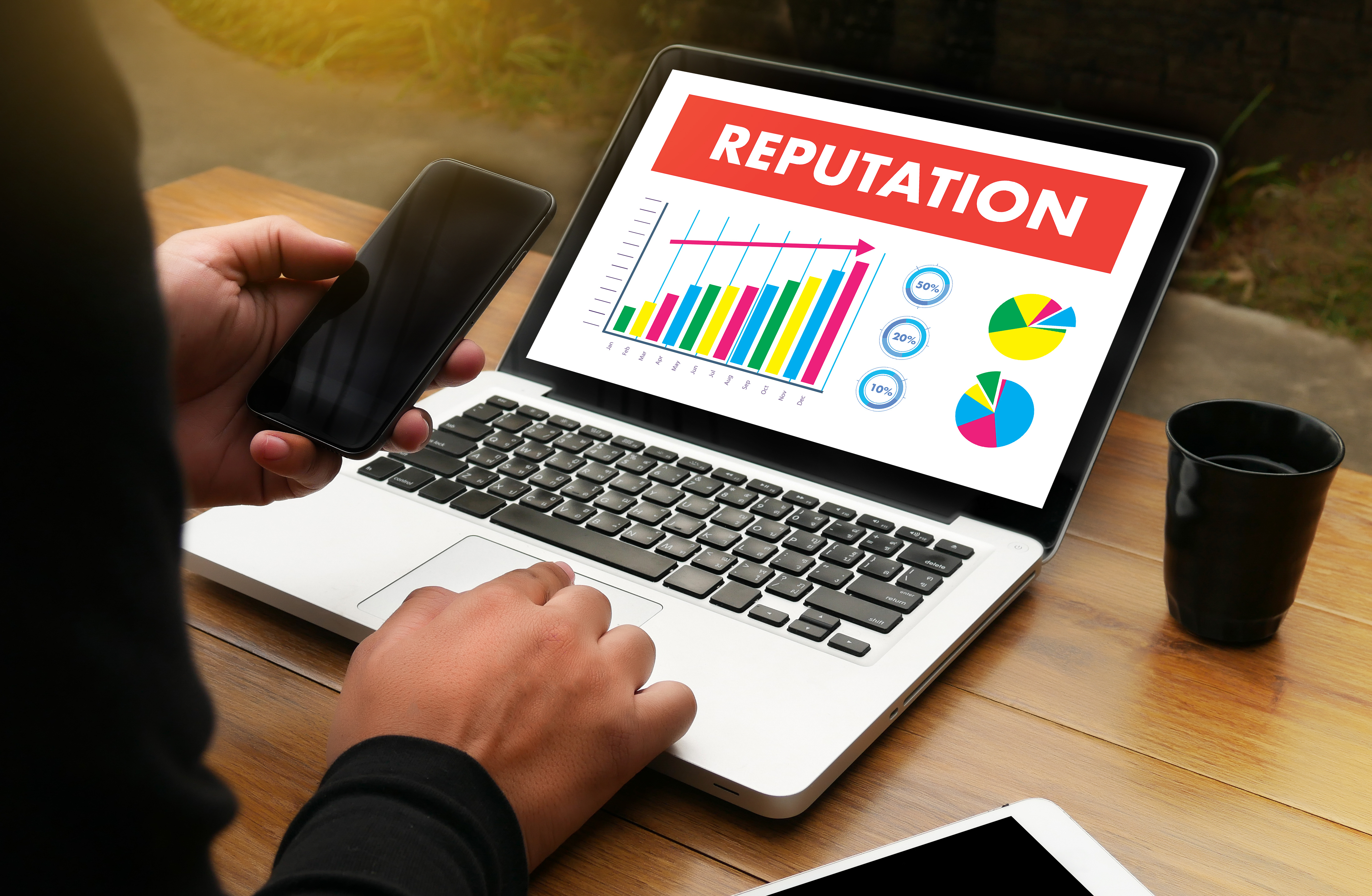 a picture of a person holding a phone in one hand with a coputer showing a graph called reputation